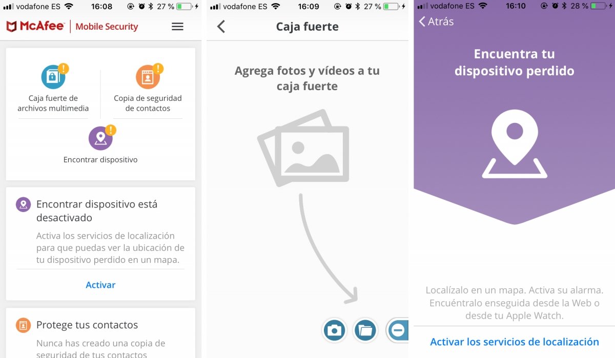 Algunas funciones de McAfee Mobile Security en iPhone