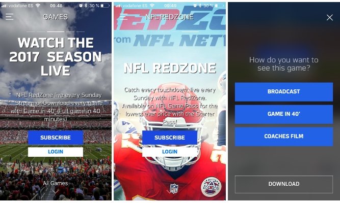 Algunas opciones de la app NFL Game Pass Europe