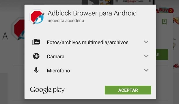 Algunos de los permisos requiridos por Adblock Browser para Android