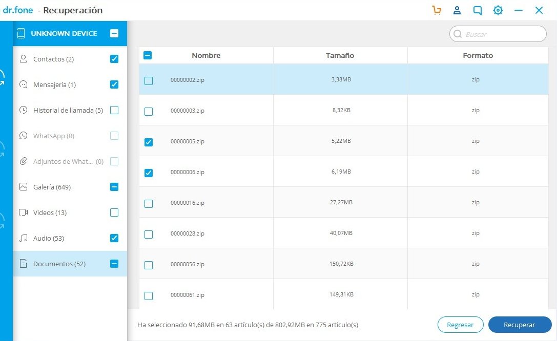 Archivos localizados y opción para rastaurarlos