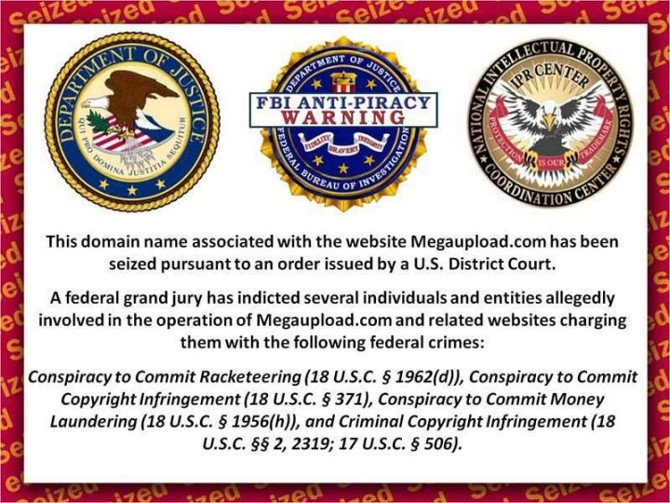 Aviso de confiscación del FBI a un sitio web acusado de piratería