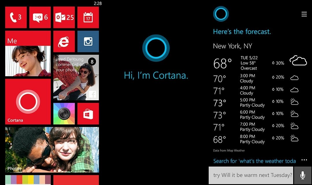 Capturas de pantalla de Cortana en la home de WP y en funcionamiento