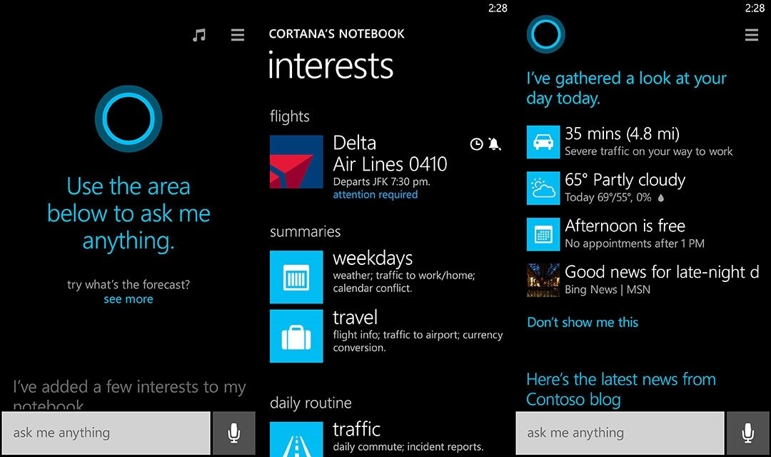 Capturas de pantalla de Cortana en un funcionamiento más avanzado