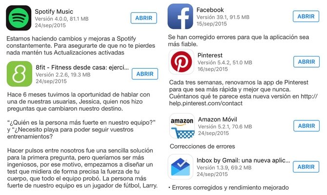 Changelogs de varias apps como Spotify, Facebook o Pinterest
