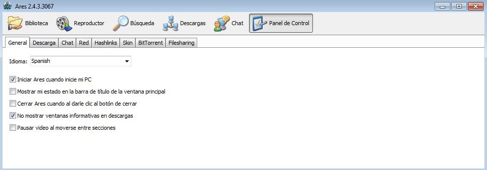 Configuración general del panel de control de Ares