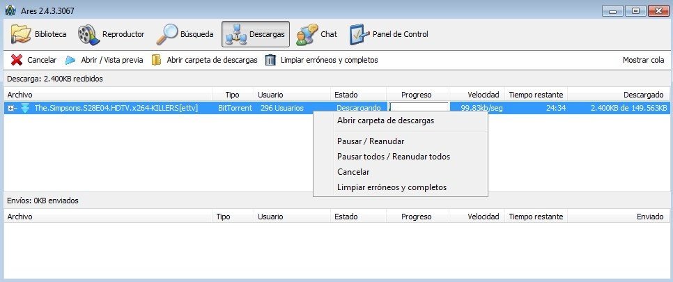 Descarga de torrents en Ares