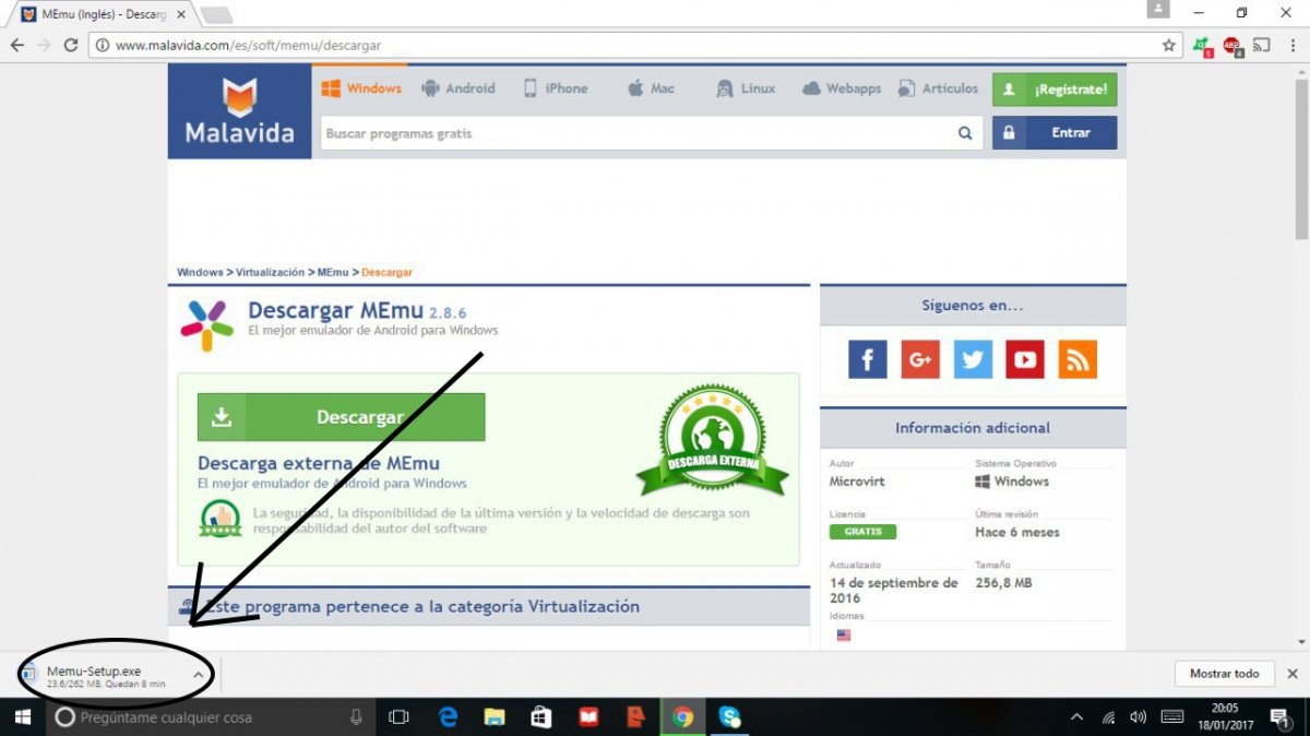 Descargando MEmu desde Google Chrome para Windows 10