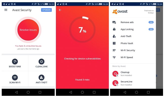 Distintas pantallas de Avast para Android