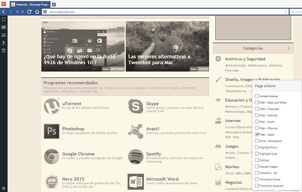 Efecto sepia en Vivaldi