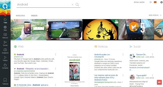 Ejemplo de resultados de búsquedas en Qwant