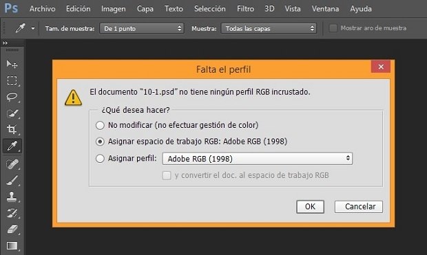El aviso que nos muestra Photoshop antes de abrir la imagen de un billete