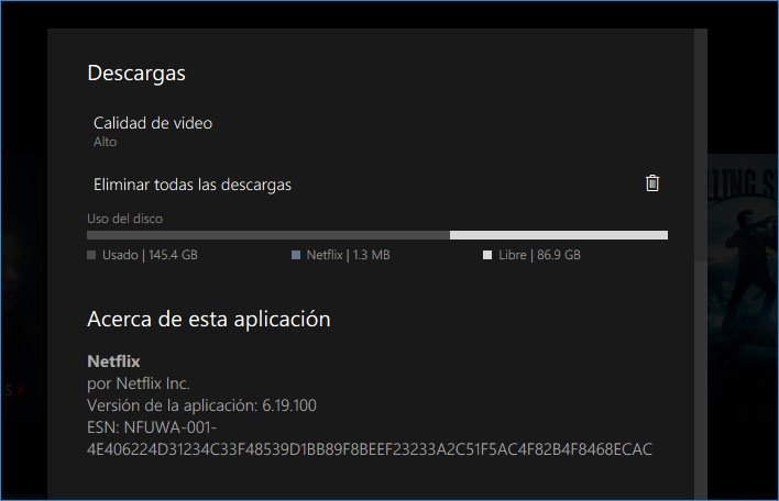 Espacio ocupado por las descargas de Netflix en W10