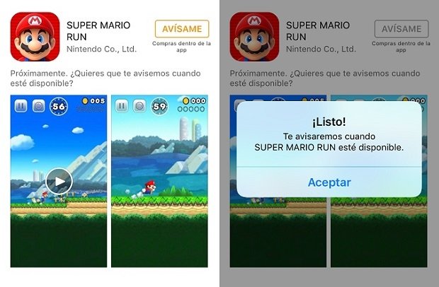 Ficha de Super Mario Run en la App Store donde puedes suscribirte a notificaciones
