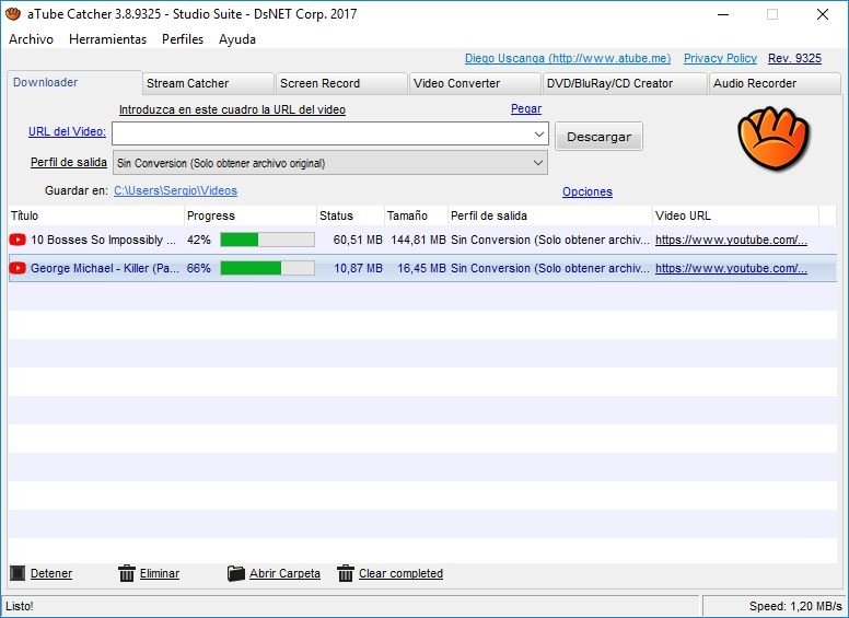 Imagen de una descarga en aTube Catcher