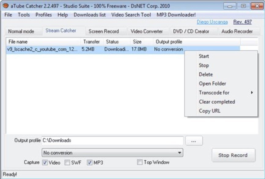 Iniciando la descarga en aTube Catcher