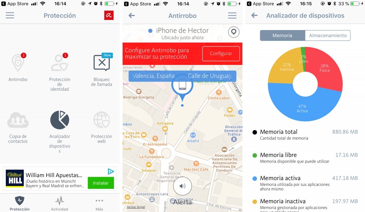 Interfaz de Avira Mobile Security para iOS