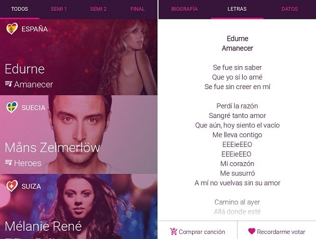Interfaz de la aplicación Eurovision Song Contest