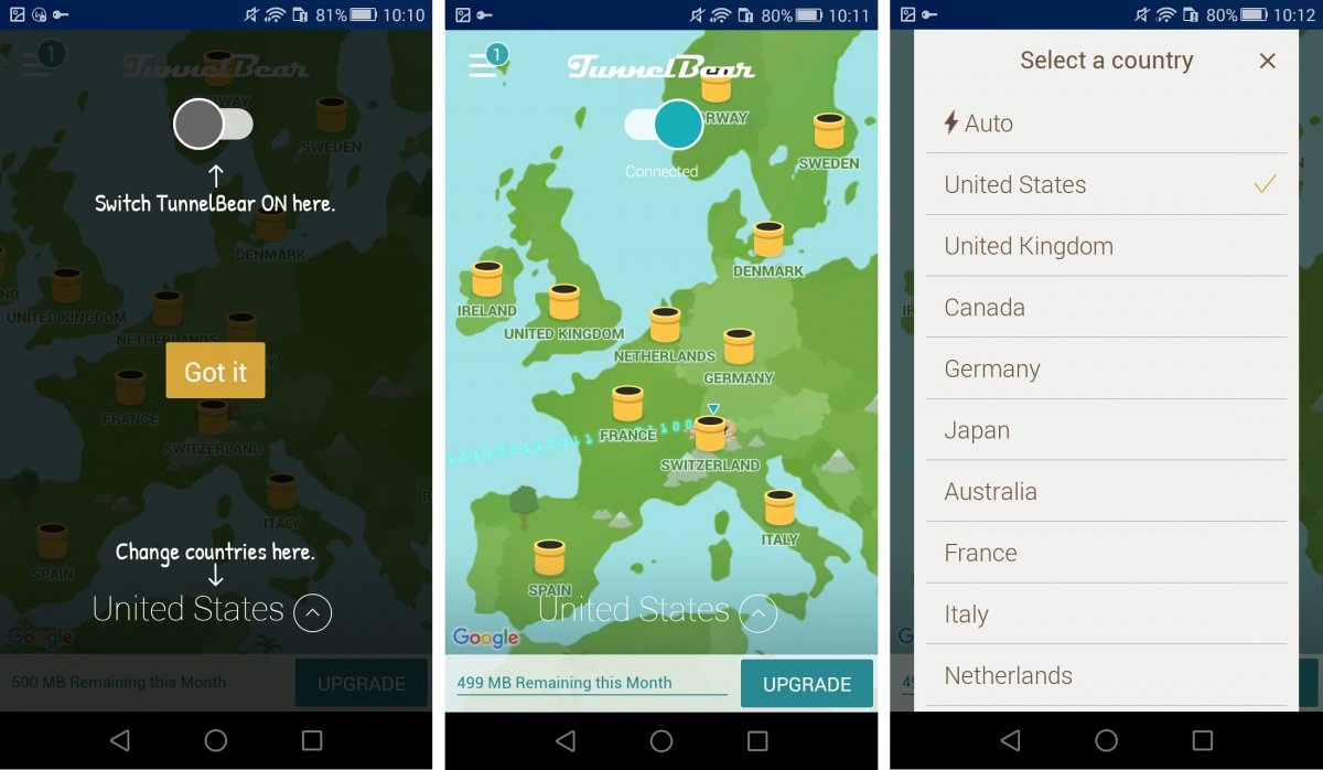 Interfaz de TunnelBear en Android
