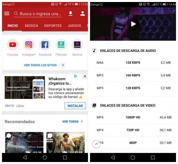 Interfaz de Videoder y opciones de descarga
