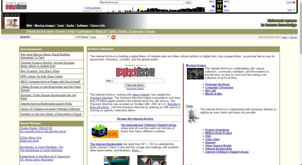 Internet Archive a día 17 de febrero de 2003