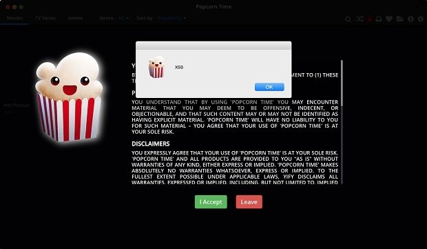 Lanzando un ataque XSS en Popcorn Time