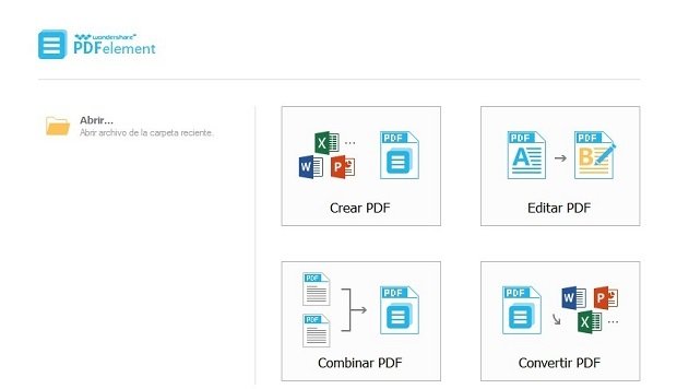 Las cuatro opciones iniciales ofrecidas por PDFelement
