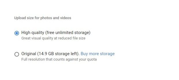 Las dos opciones de almacenamiento ofrecidas por Google Fotos