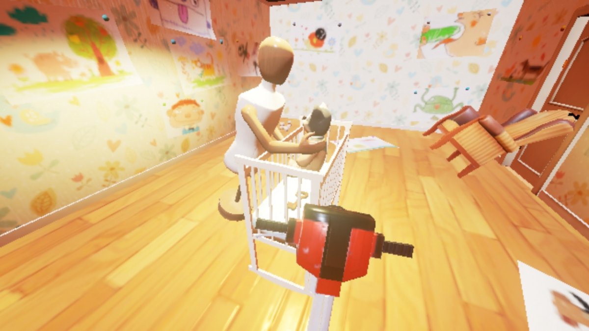 Maniquí cuidando a un peluche en una cuna