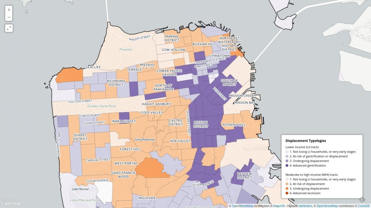 Mapa de la ciudad de San Francisco que muestra cómo está afectando la gentrificación