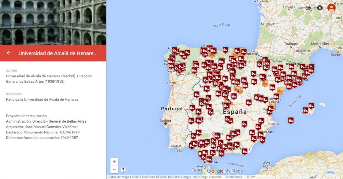 Mapa de la restauración y reconstrucción monumental de España entre 1938 y 1975