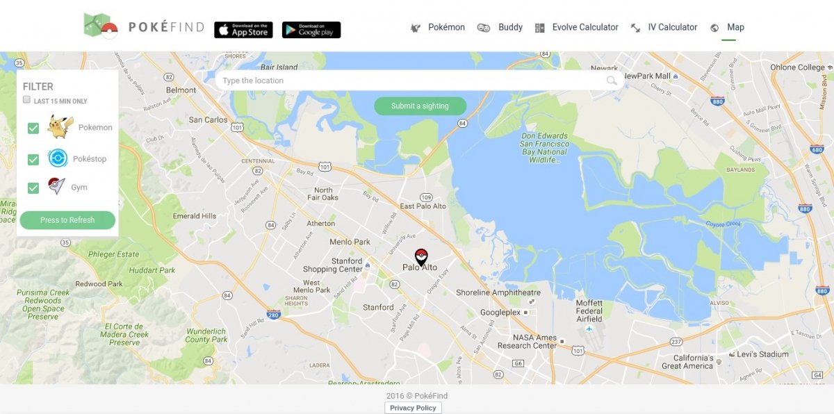 Mapa de PokeFind en la web