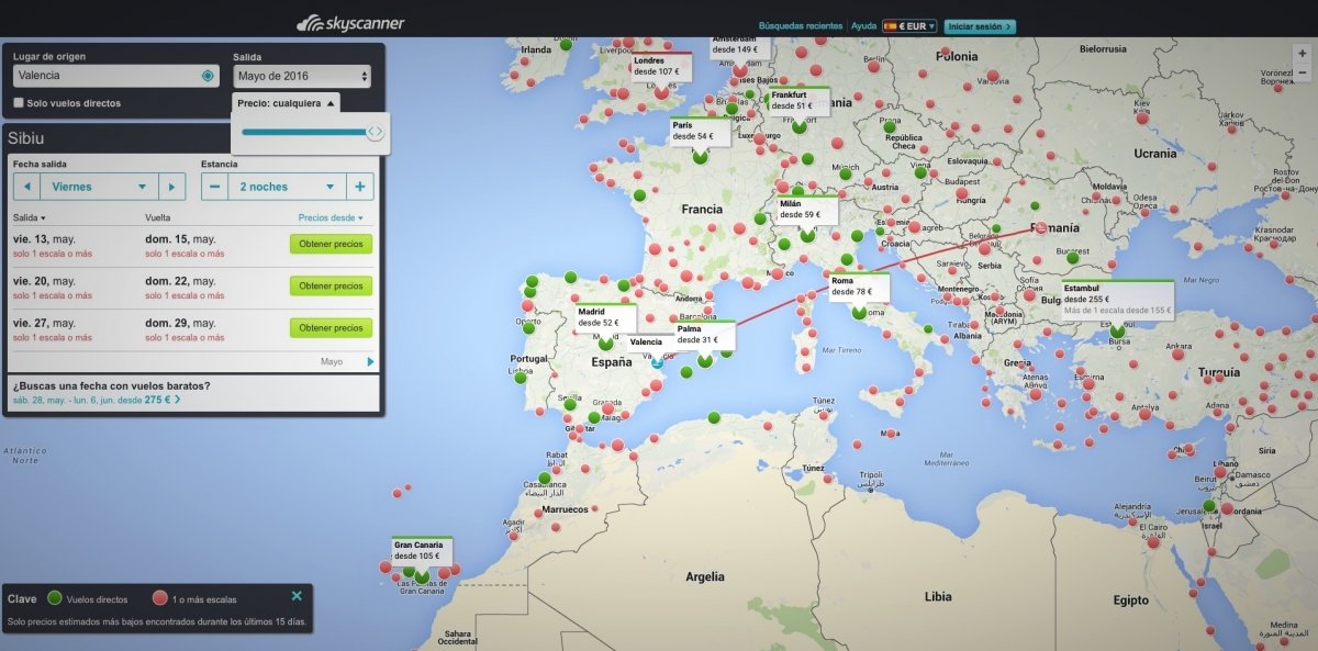 Mapa de vuelos baratos de Skyscanner