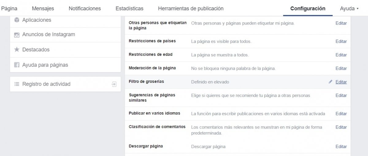 Menú filtro de palabrotas en Facebook