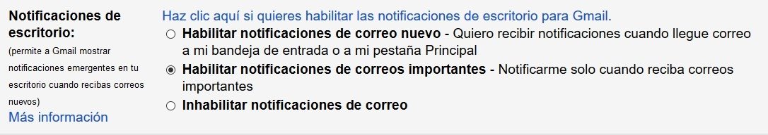 Menú para habilitar las notificaciones de escritorio en Gmail