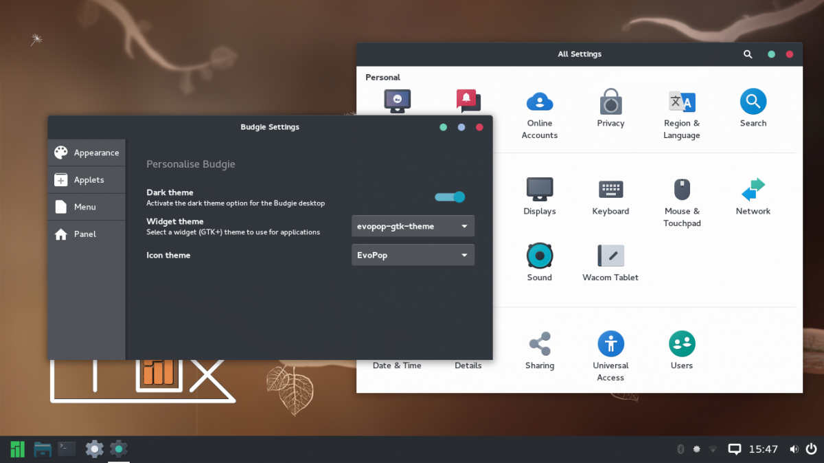 Paneles de preferencias de Budgie y Manjaro