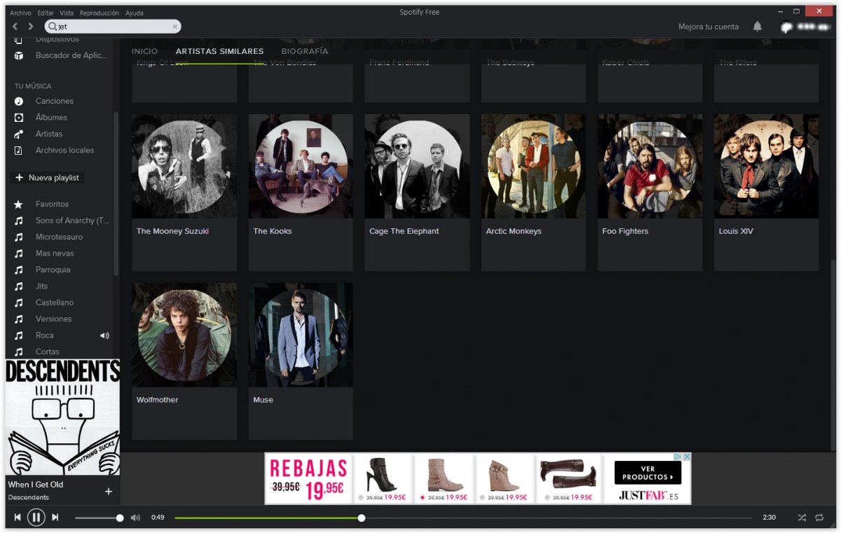 Pantalla de artistas similares en Spotify