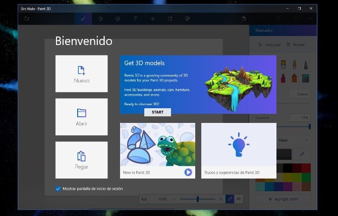 Pantalla de bienvenida de Paint 3D