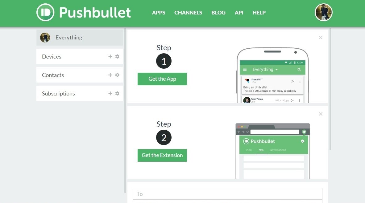 Pantalla de inicio de Pushbullet