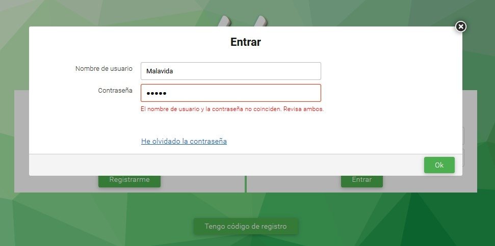 Pantalla de Pordede cuando introduces mal una contraseña
