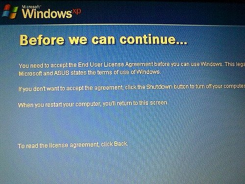 Pantalla del EULA de Windows XP