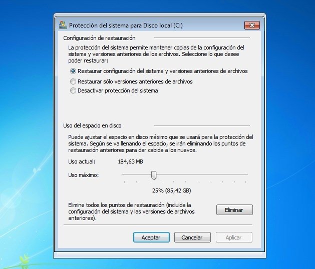 Paso 3 - Configurar el uso del espacio en disco para los puntos de restauración