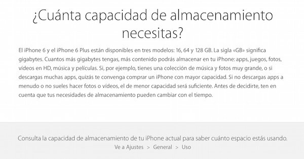 Recomendación de capacidad necesaria por Apple