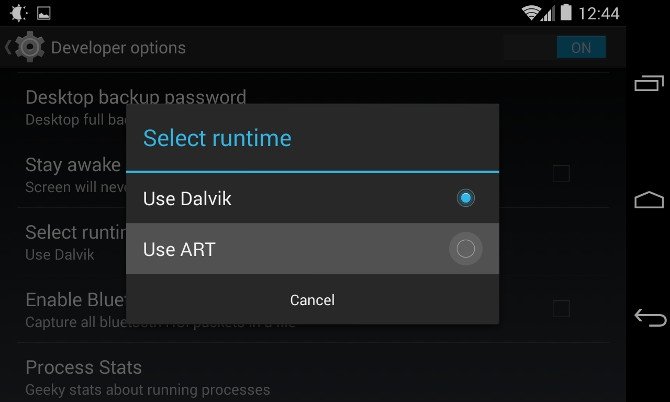 Selección de la máquina virtual en Android 4.4 KitKat