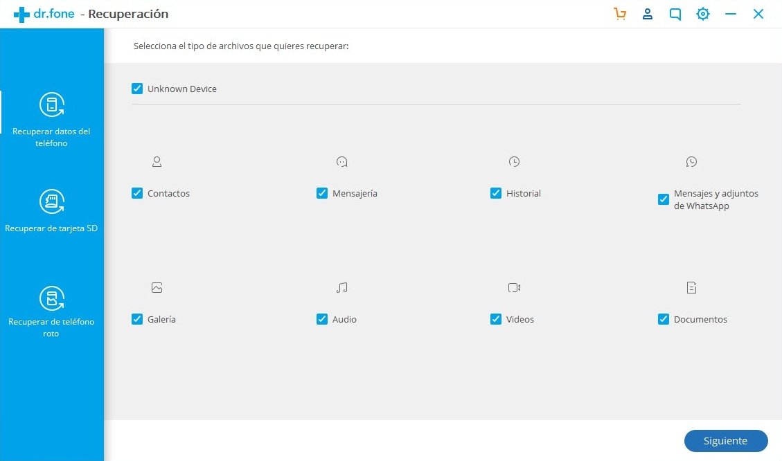 Selección de los tipos de archivo a recuperar con Dr.Fone