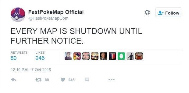 Tweet de FastPokeMap anunciando el cierre del servicio
