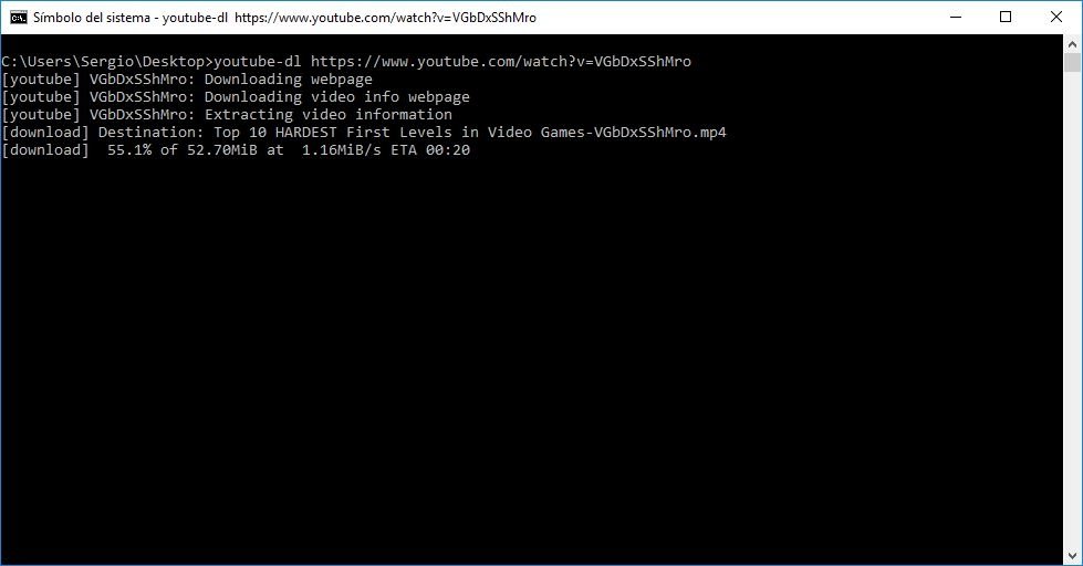 youtube-dl ejecutándose en la CMD de Windows