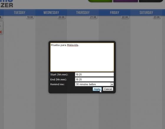 Edición de una nota en My Time Organizer