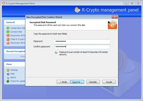 Selección de sistema de archivos y contraseña en R-Crypto