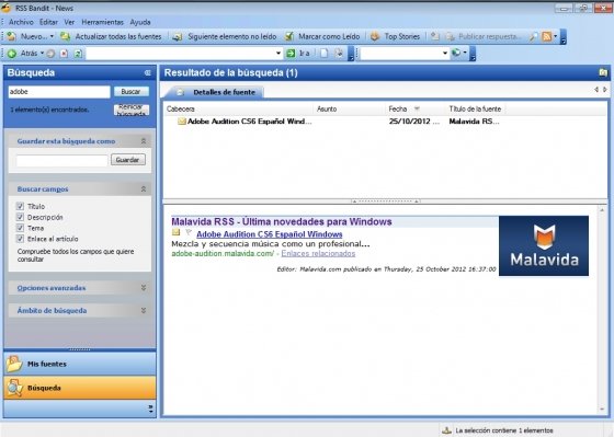 Búsqueda avanzada en RSS Bandit