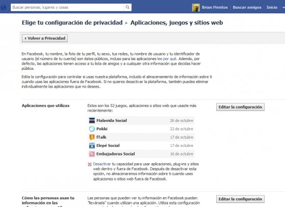 Configuración de la privacidad de juegos y aplicaciones de Facebook
